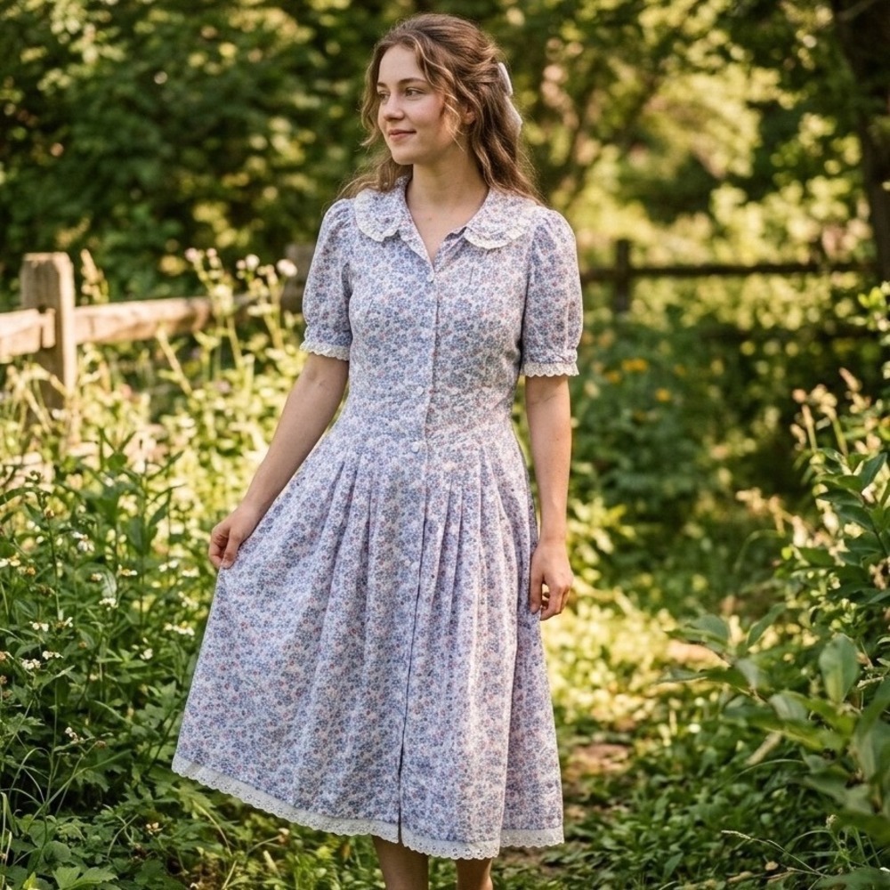 Vintage 80s Cottagecore Strawberry Floral Midi Dress Lace Peter Pan Collar S